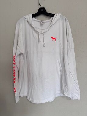 Victorias Secret PINK Jersey Cotton Hoodie White Pink Logo Womens Size L Large